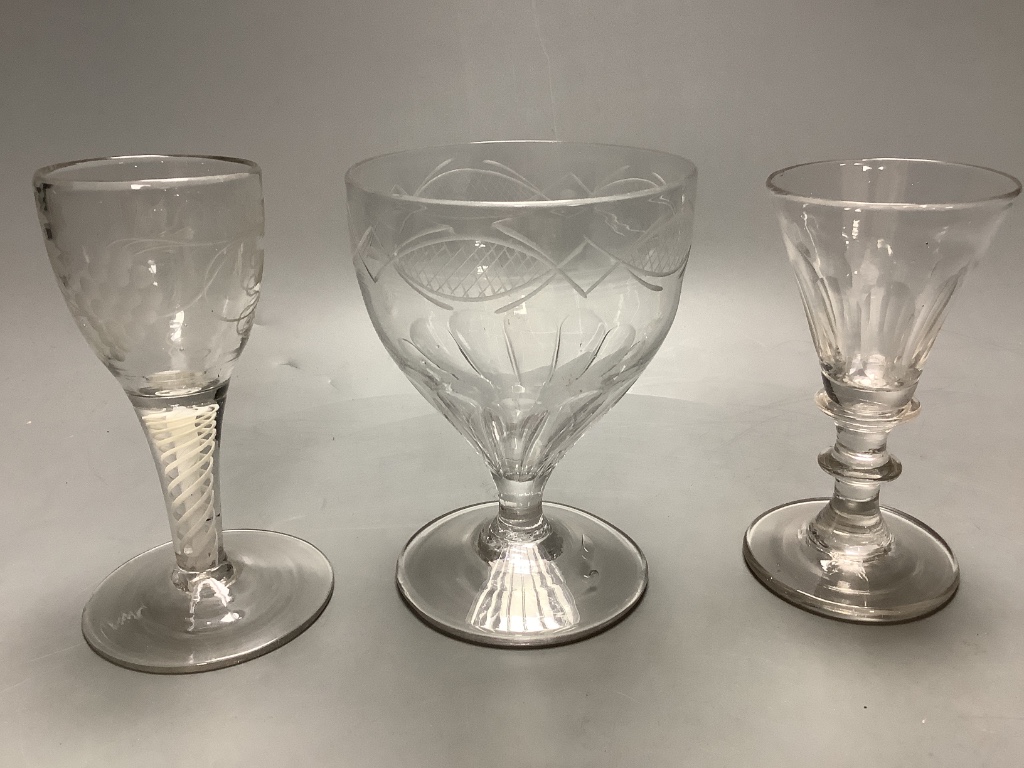 A small collection of late 18th/19th century divinity glasses, some with air twist stems, tallest 17cm